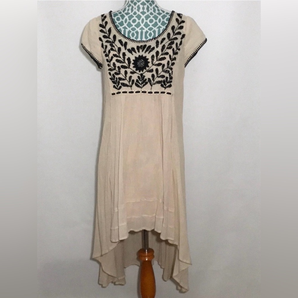 Free People Marina Embroidered Dress Ivory Size Small High-Lo Hem 100% Cotton